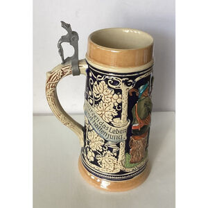 German Beer Stein Ceramic Beer Mug Missing Lid W/German Writing & 3 Men 7.5”